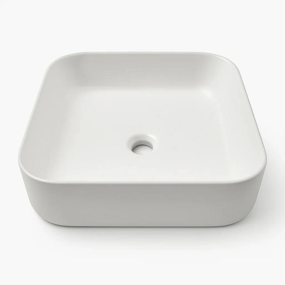 Lavabo d'appoggio ceramica bianco quadrato lavandino bagno dimensioni cm 38,5x38,5x14 *** finitura- lucido, confezione 1