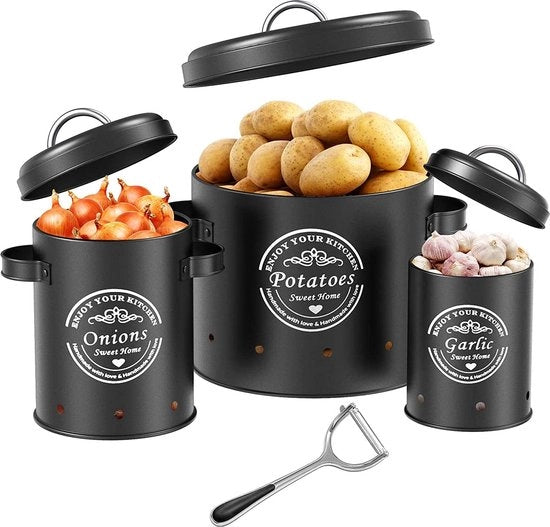 Cassa per patate, contenitore per cipolle, cassetta per cipolle, scatola di conservazione per patate da 12, set, grande contenitore di metallo per la cucina, conservazione a lungo termine delle patate (nero)