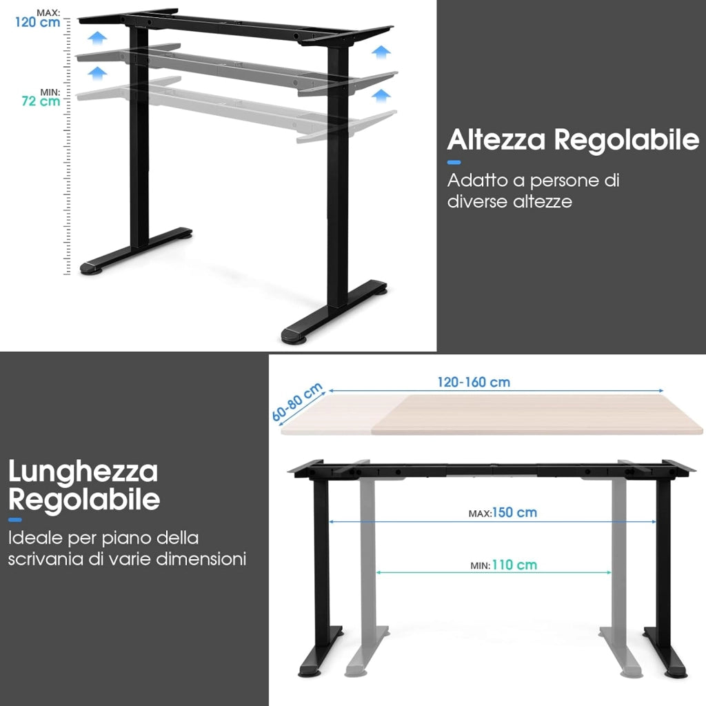 Scrivania Regolabile in Altezza, Scrivania Elettrica con 2 Motori con Memoria, Protezione Anticollisione e Vassoio per Cavi, Standing Desk per Casa e Ufficio, Portata 100 kg (Nero)