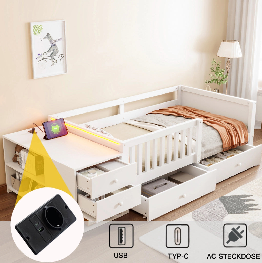 Letto a soppalco 90x200 cm con contenitore separato; LED; presa e 2 cassetti; Bianco