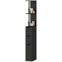 Mobile Colonna Salvaspazio in Legno con Ripiani, Armadietto e Cassetti, Nero, 15x33x136cm