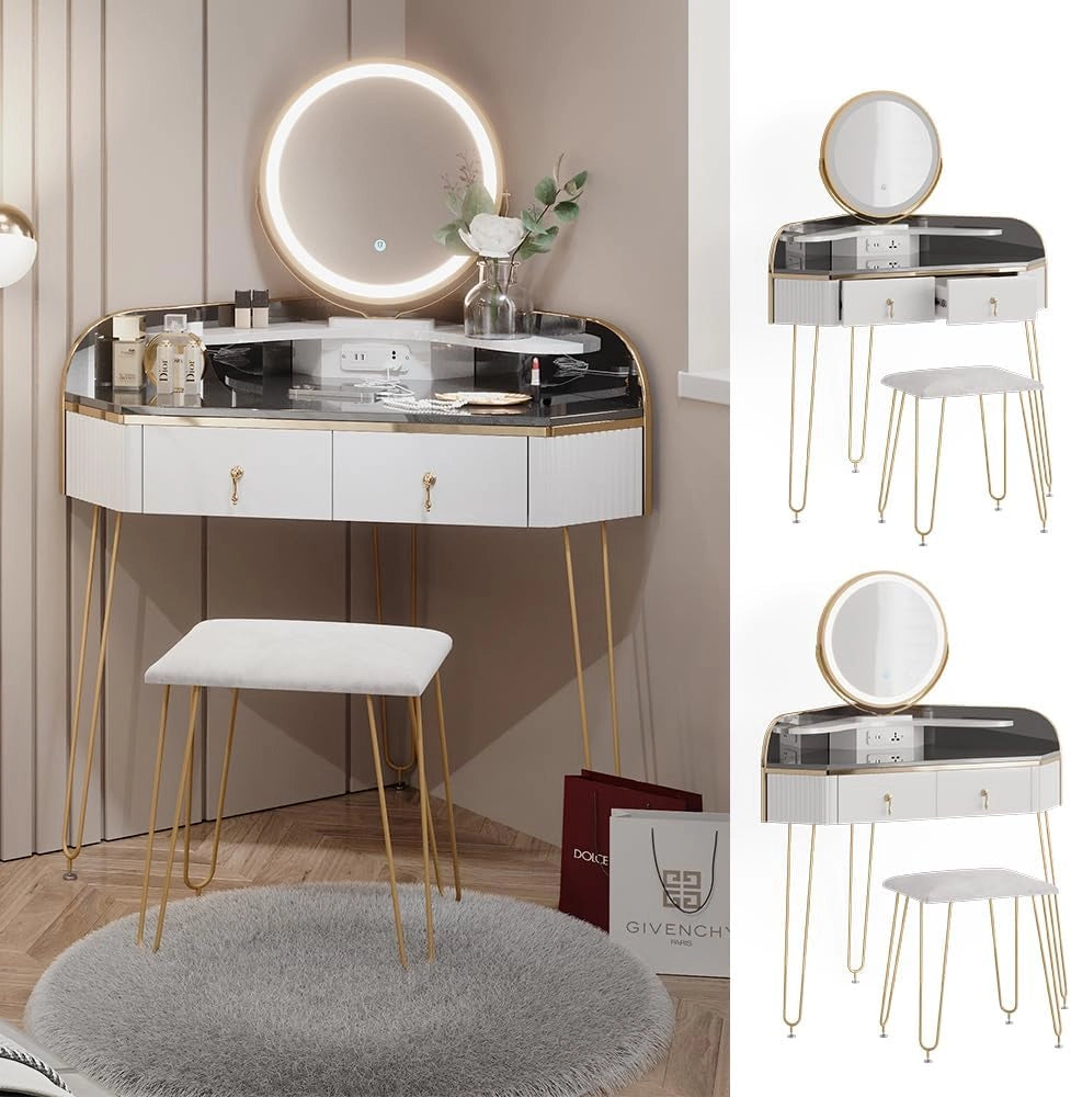Tavolo da trucco ad angolo Amira, Bianco lucido, 99 cm con specchio LED, sgabello e USB, adatto per essere posizionato salvaspazio negli angoli della stanza