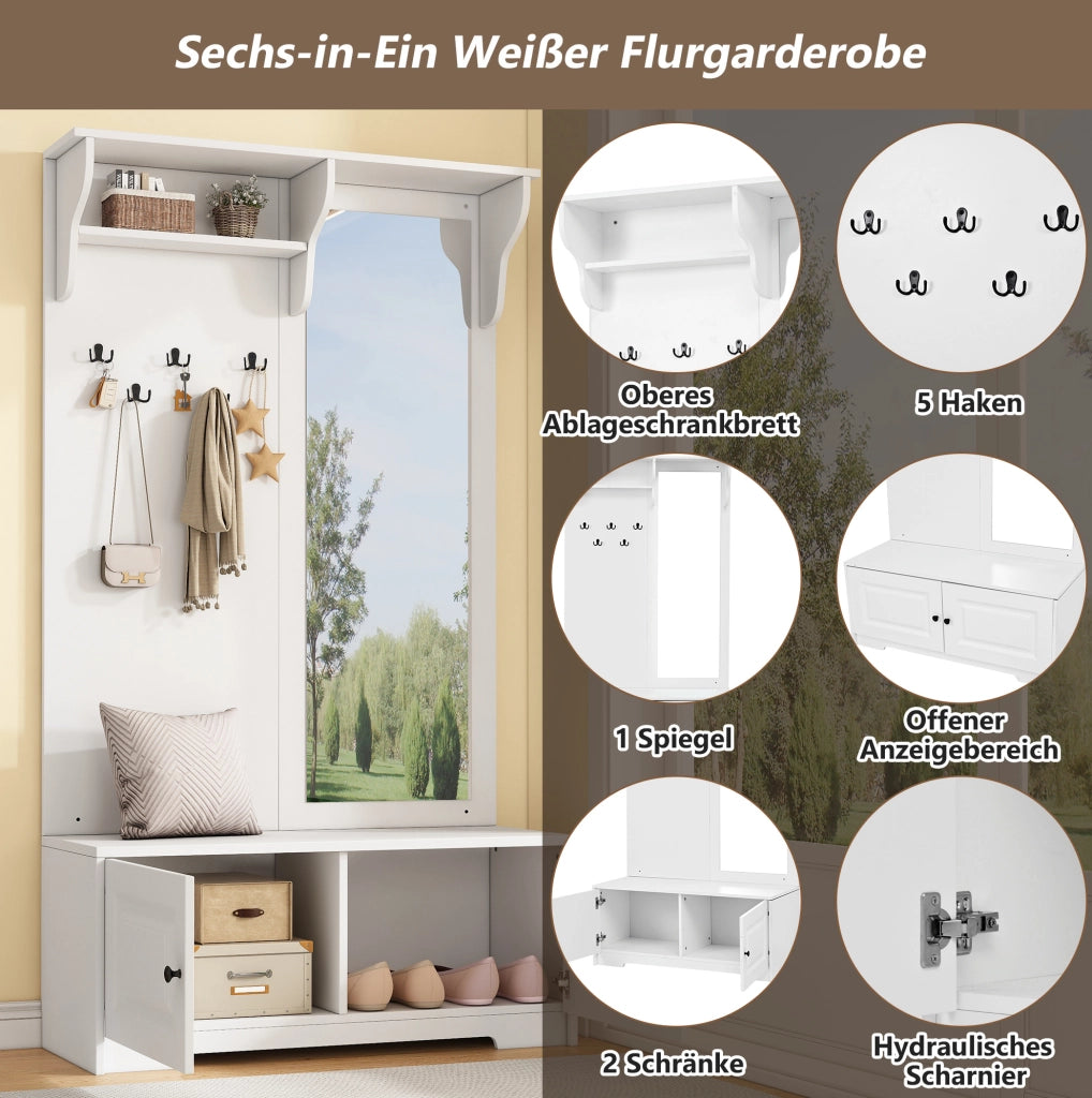 Mobile ingresso multifunzione 100 x 40 x 180 cm con specchio; 5 ganci; 2 vani; bianco