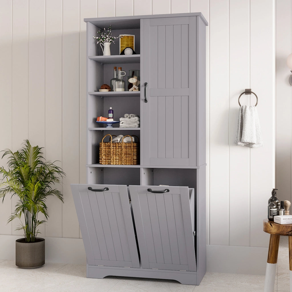 Armadietto da bagno con cesti portabiancheria e ripiani regolabili per bagno in MDF grigio 78 × 35 × 172 cm