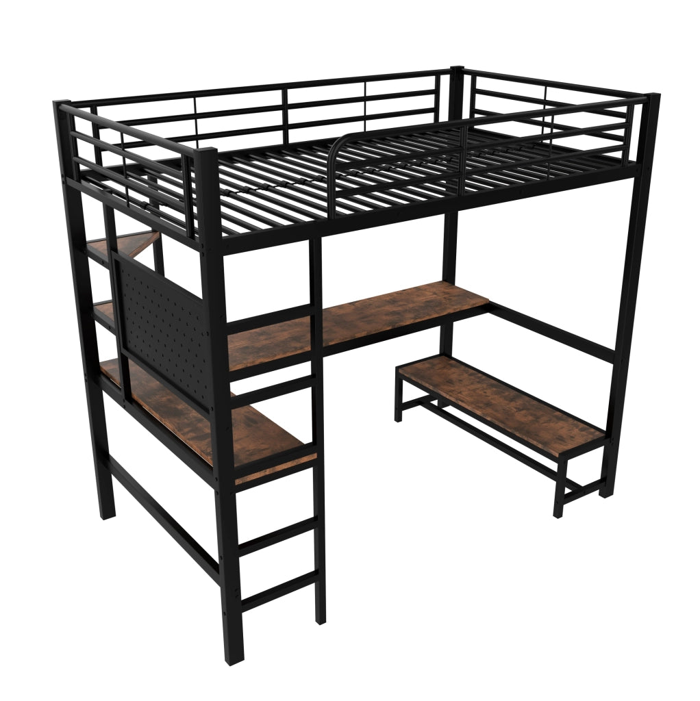 Letto a soppalco 90x200 cm con scrivania e LED; metallo; nero (Senza materasso)