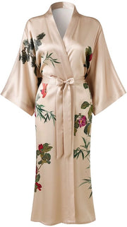 Kimono da notte in 100% seta con fiori classici, colore champagne