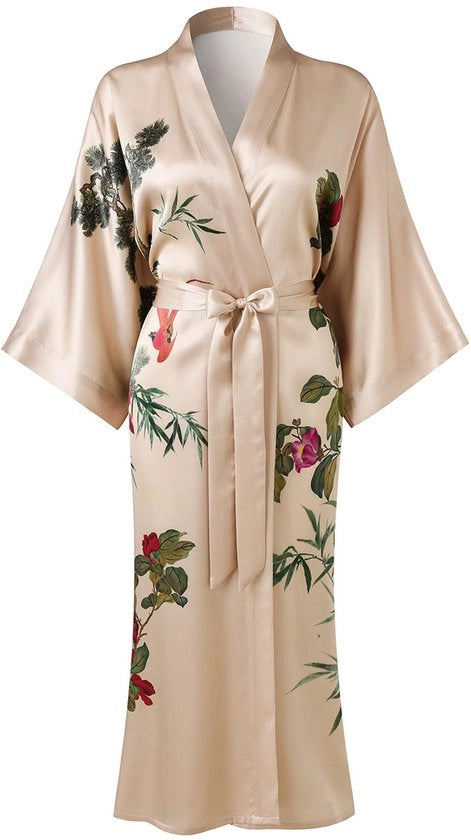 Kimono da notte in 100% seta con fiori classici, colore champagne