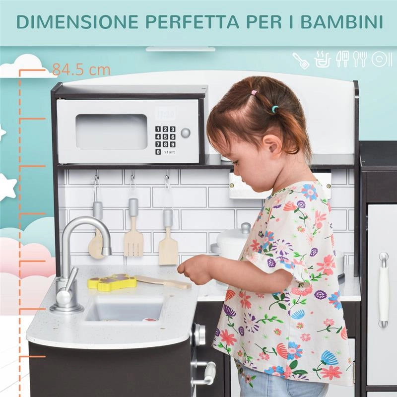 CUCINA GIOCATTOLO PER BAMBINI IN LEGNO CON 14 ACCESSORI ETÀ 3+ ANNI