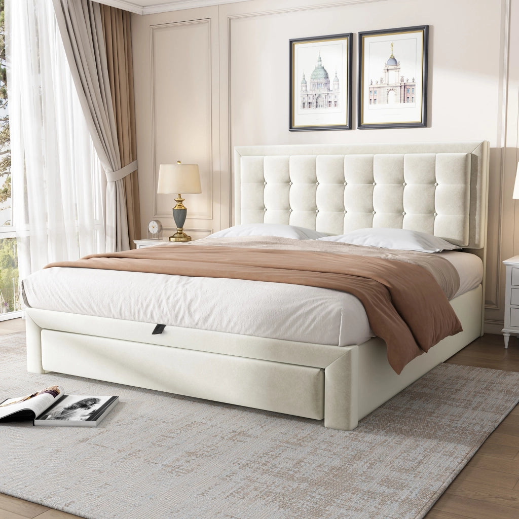 Letto Contenitore Letto Matrimoniale; 2 Cassetti e Testiera Regolabile; 140×190 cm; senza Materasso; Velluto Beige