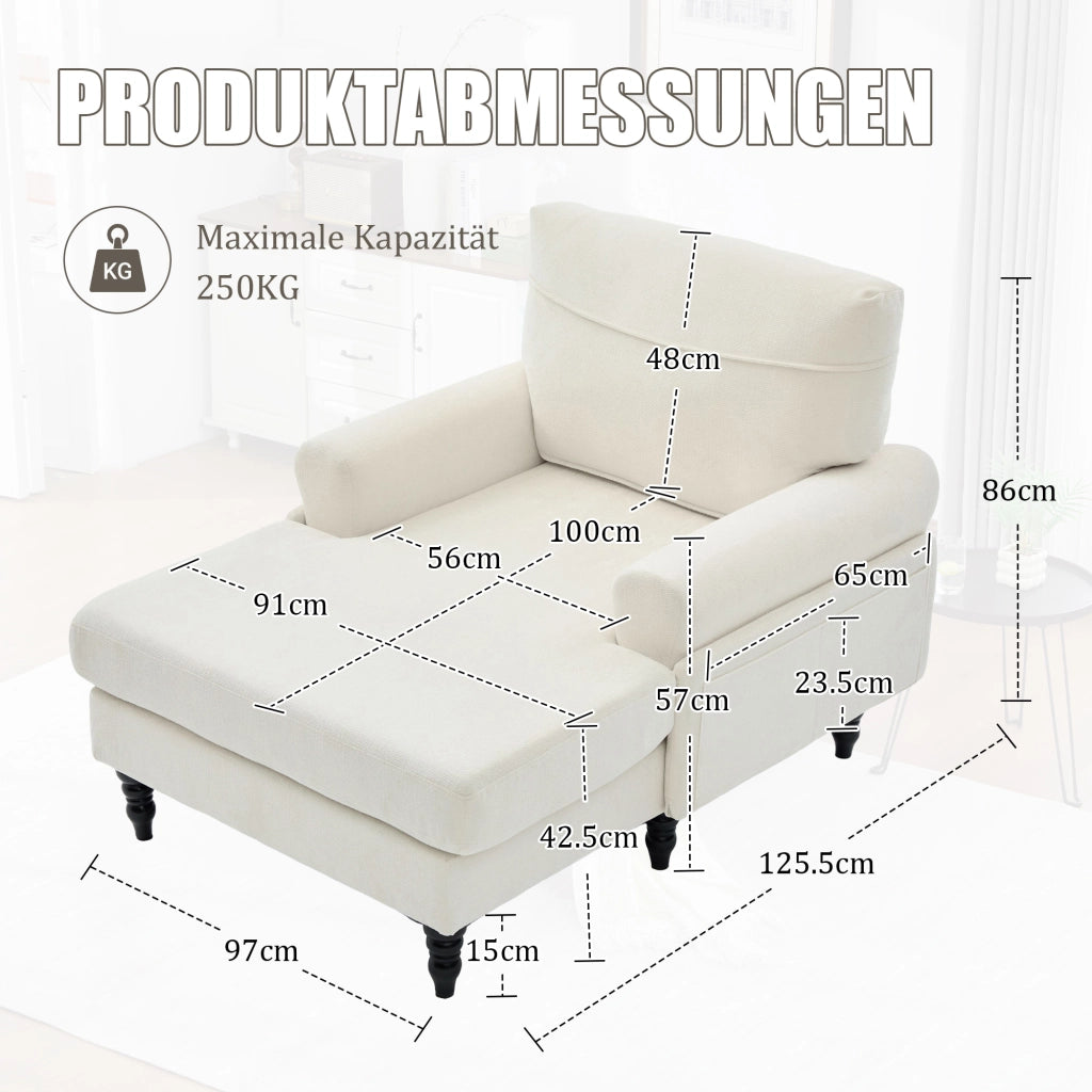 Poltrona Relax Con Tasche Laterali Seduta Extra Larga Schienale Avvolgente Piedi In Legno Massello in Ciniglia Beige