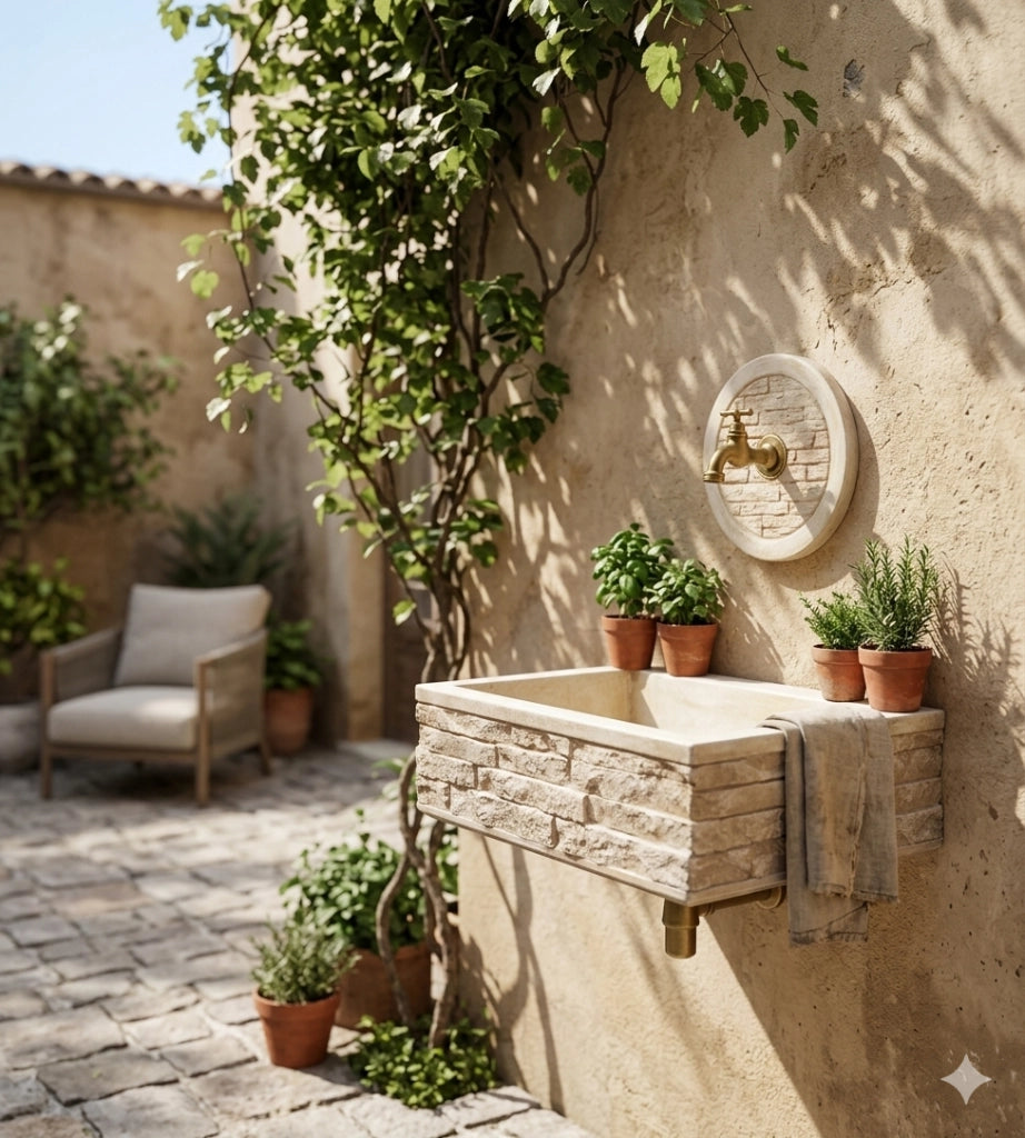Lavello Rettangolare da Esterno 45x35 cm con Rosone Installazione a Muro in Cemento Mattone Faccia a Vista Meseta
