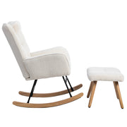 Sedia a dondolo con poggiapiedi e cuscino; struttura in legno; bianco