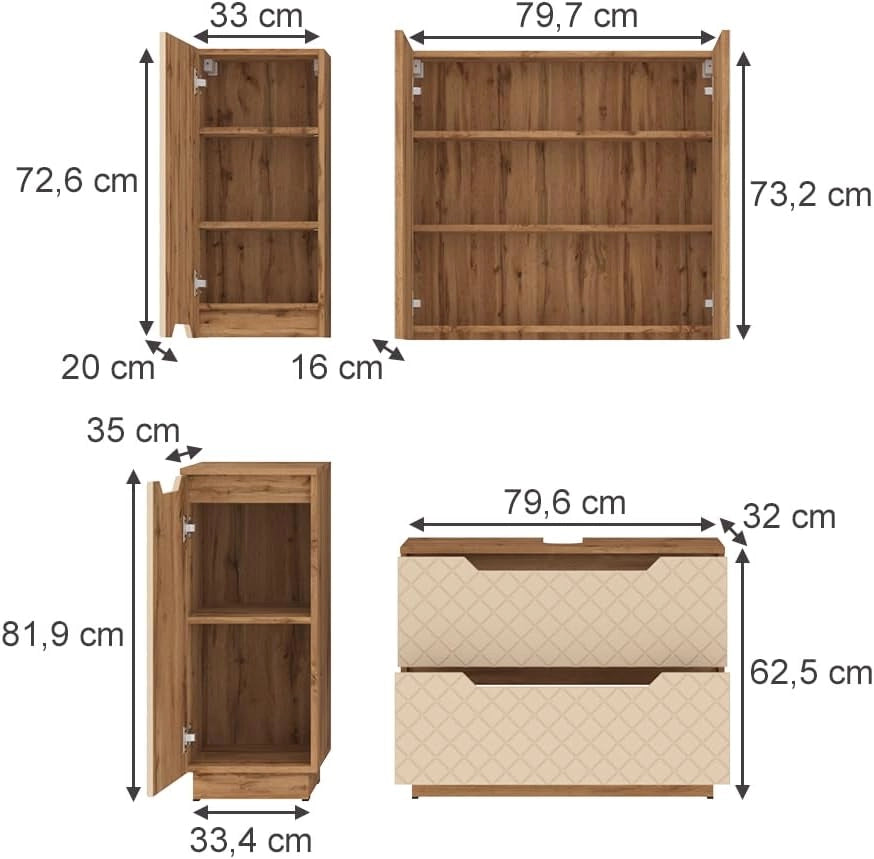 Set di mobili da bagno Lotta, Cachemire, 79.6 cm, composto da mobile sottolavabo, specchiera, armadio medio e pensile