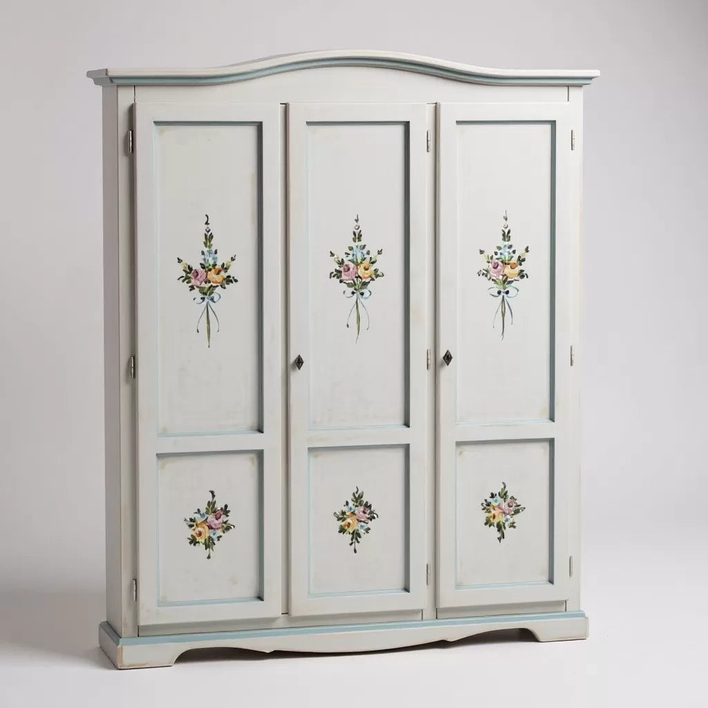 Armadio 3 porte legno bianco anticato filo azzurro decorato 158x56x197 - Mobili 2G