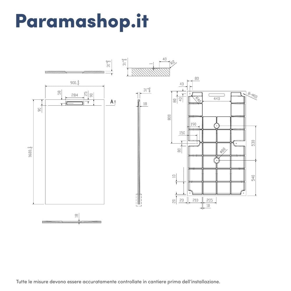 Piatto doccia 90x160 cm in marmoresina bianco effetto pietra | Paros