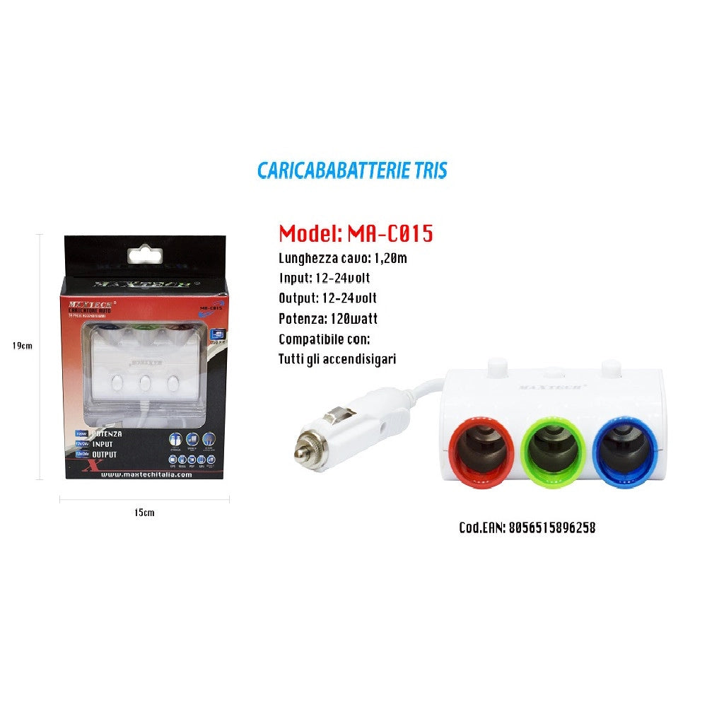 Trade Shop - Caricatore Usb Da Auto Per Accendisigari Universale 120w Accessori 3x1 Maxtech Ma-c015 -