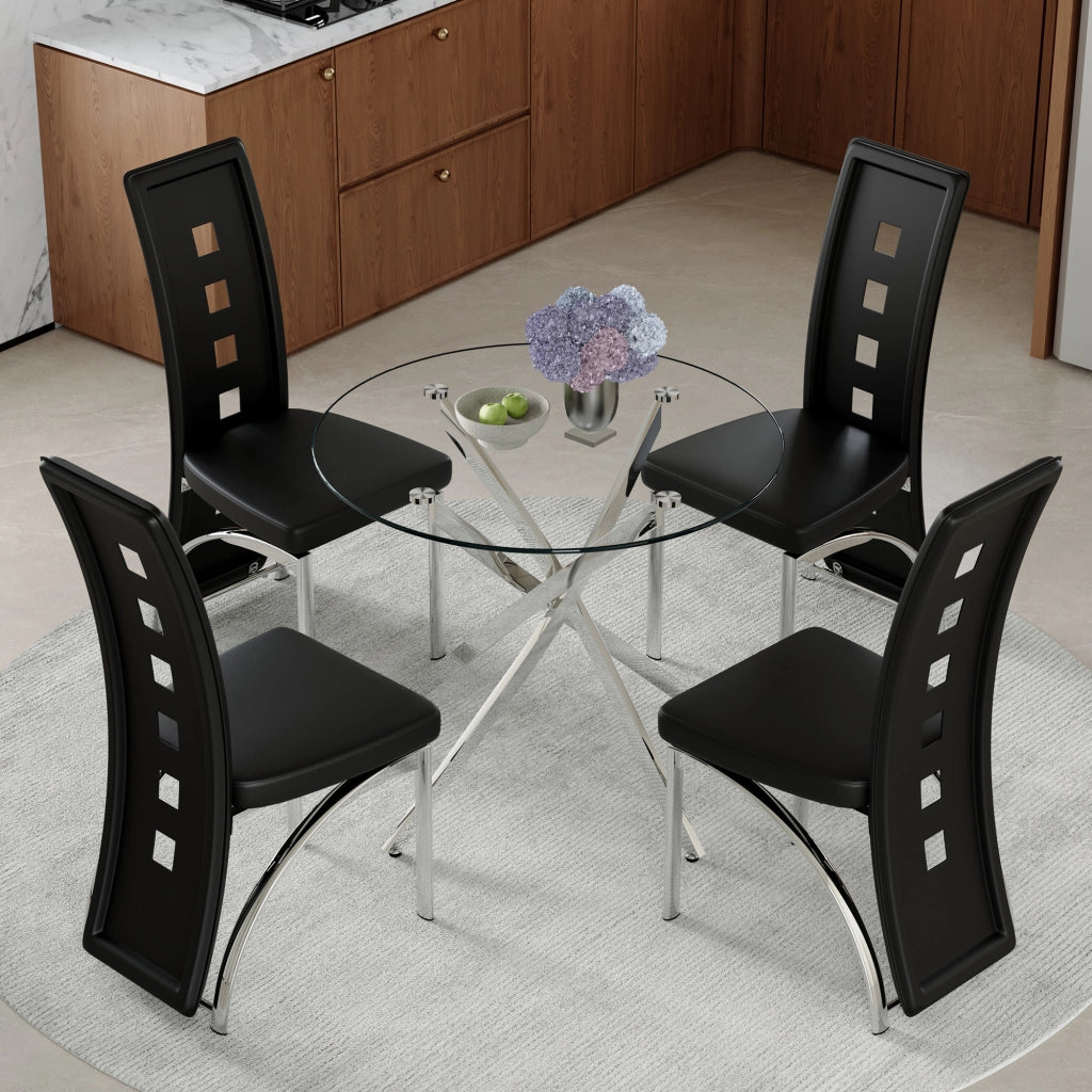 Set tavolo da pranzo e sedie con 1 tavolo rotondo e 4 sedie imbottite in vetro temperato; metallo e PU nero