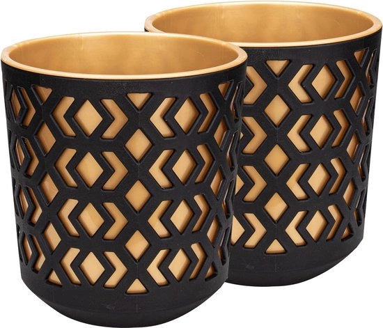 Set di vasi per piante, grande e piccolo, 2 x vaso per fiori, vaso per erbe, nero/oro, diametro 14 cm