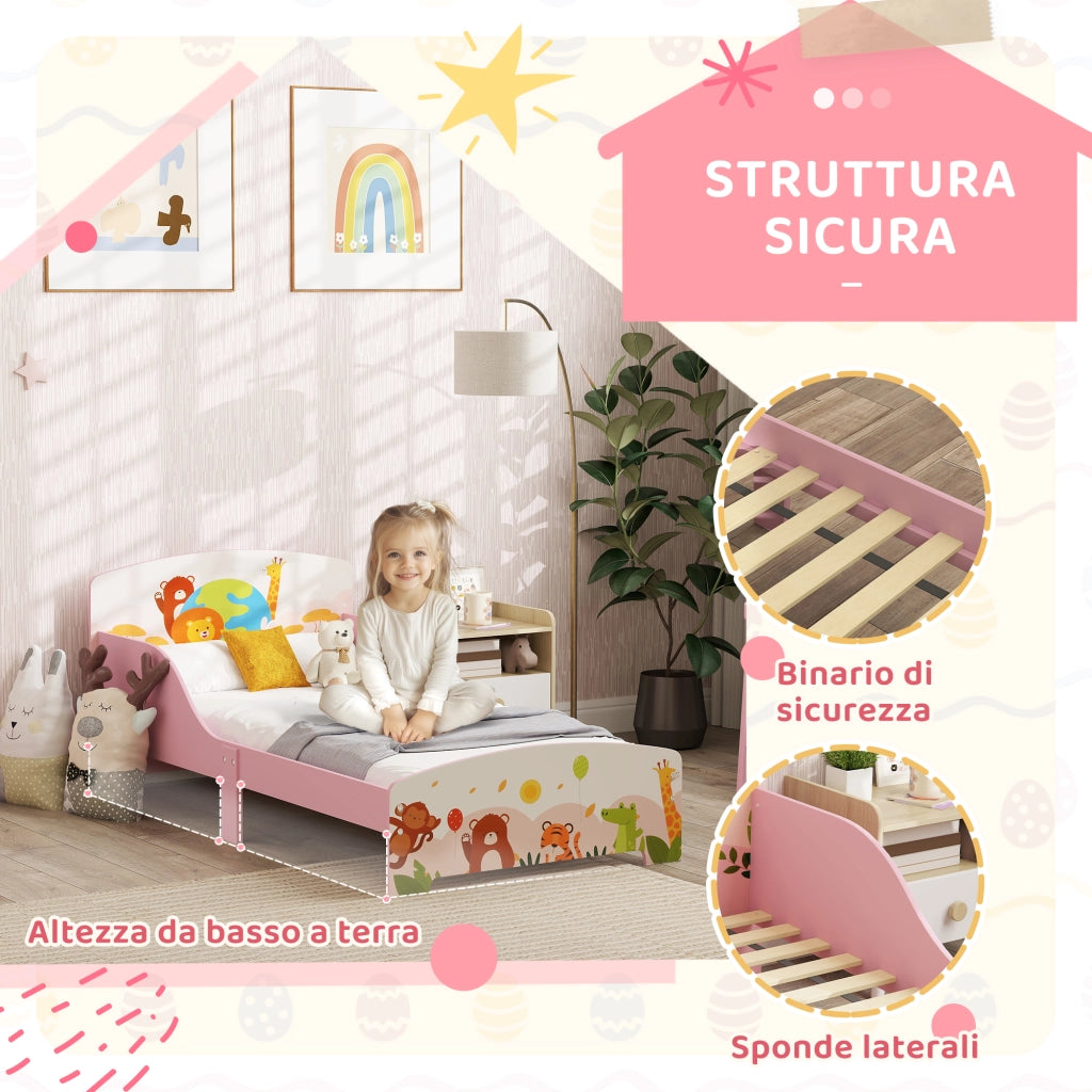 Letto Singolo per Bambini in Legno con Sponde di Sicurezza ¨C zephmum ¨C 143x77x60 cm Rosa