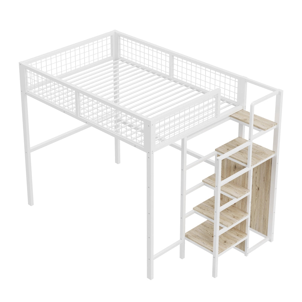 Letto a Soppalco Letto Matrimoniale con Scala di Sicurezza e Armadio; 140 x 200 cm; senza Materasso
