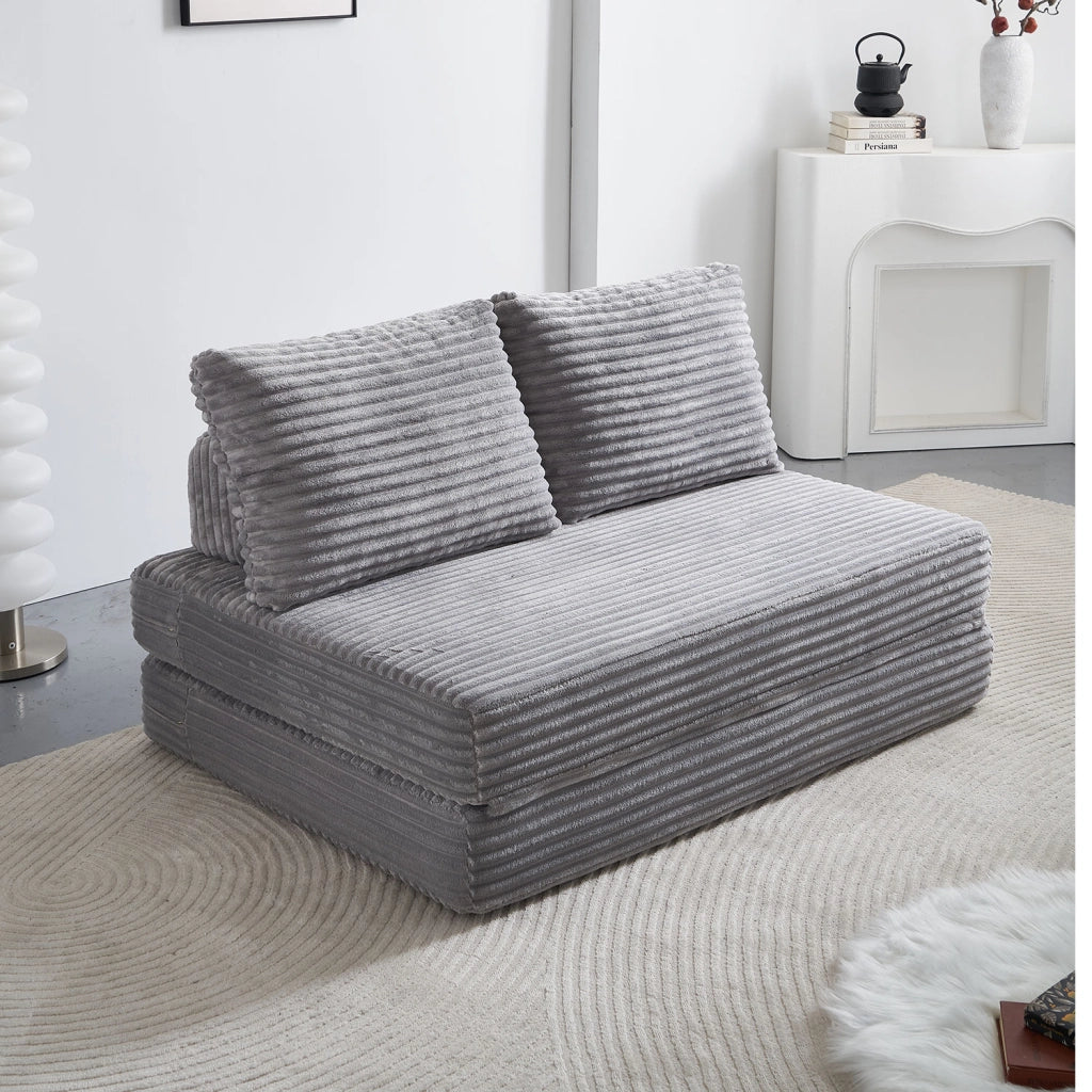 Divano letto multifunzionale in tessuto con schienali removibili e texture effetto velluto, grigio chiaro