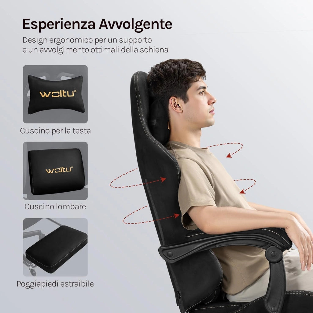 Sedia da gaming, Sedia Gaming Ergonomica con Ruote Silenziose, Altezza e Inclinazione Regolabile, con Braccioli Sincronizzati e Poggiapiedi, in Tessuto Scamosciato, Blu