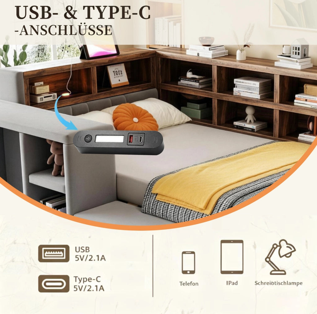 Letto imbottito 90x200 cm con testiera contenitore; LED; prese e comodino; grigio scuro