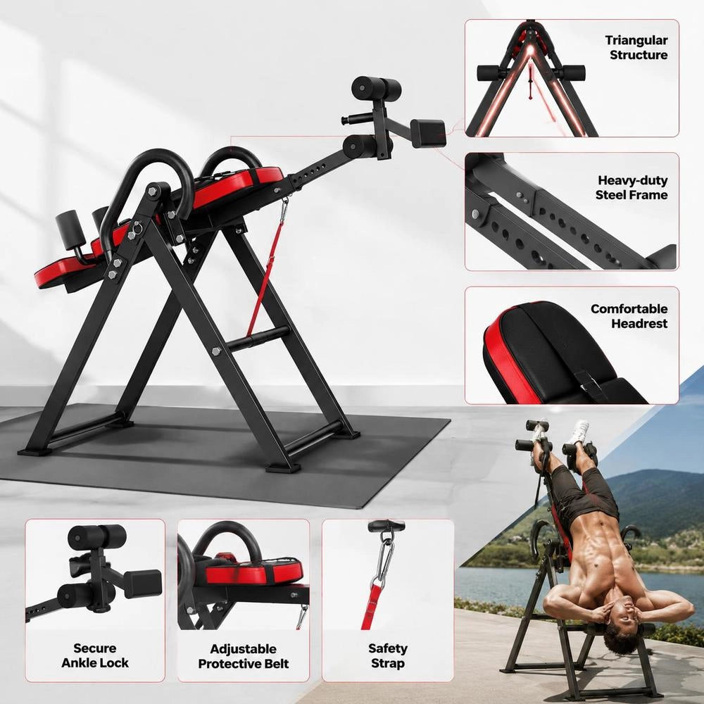 Inversion Table, Inversion Bench, 136 Kg Load Capacity, Multifunctional Back Trainer, Foldable Strength Training Device With Headrest, Ankle Lock, Adjustable Protective Belt, Red + Black