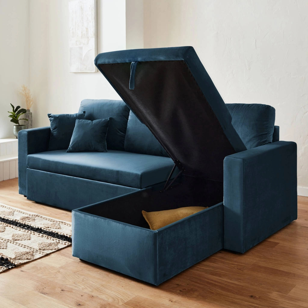Divano letto angolare reversibile in velluto, 3 posti, blu