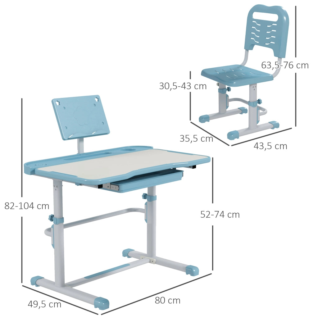 Scrivania per Bambini Regolabile ¨C zephmum ¨C Cassetto, Ripiano, Angolo Aggiustabile 80x49.5x82-104 cm Blu e Bianco