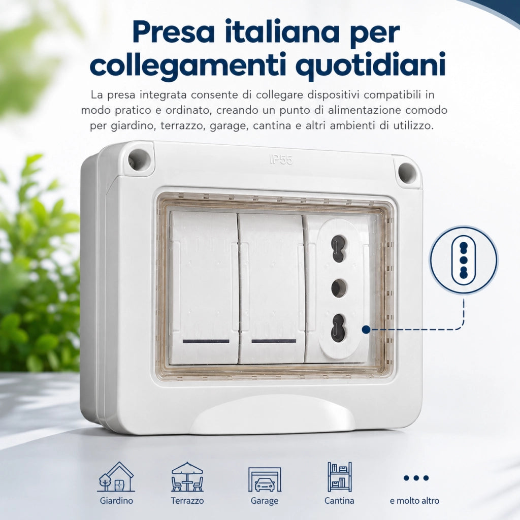 Cassetta Elettrica Esterno IP55 con Presa Italiana e 2 Interruttori