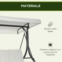 Dondolo Letto da Giardino 3 Posti con Tettuccio Regolabile, in Acciaio e Poliestere, 195x117x175 cm, Crema e Nero