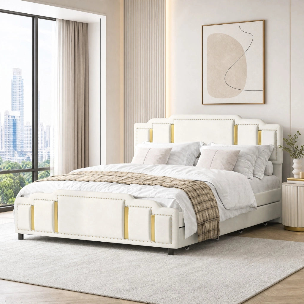 Letto matrimoniale 160x200 cm con cassetti; rivestimento in velluto beige e LED