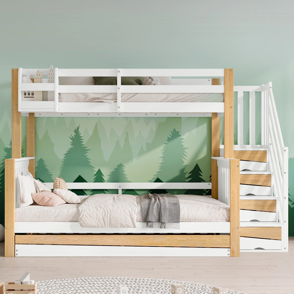 LETTO a castello con letto estraibile, scala contenitore, 120x200 cm, bianco/naturale
