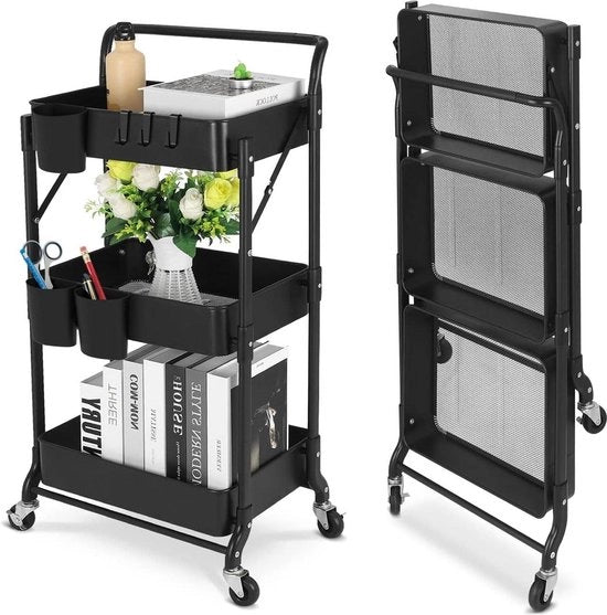 Carrello da Cucina Ripiegabile per Servizio - Organizzatore Multifunzionale per Cucina/Bagno/Ufficio - Nero