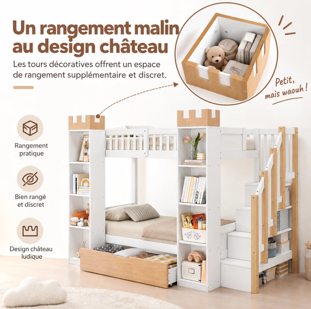 Letto a castello per bambini 90x200 cm con scala contenitore; cassetti e ripiani; bianco