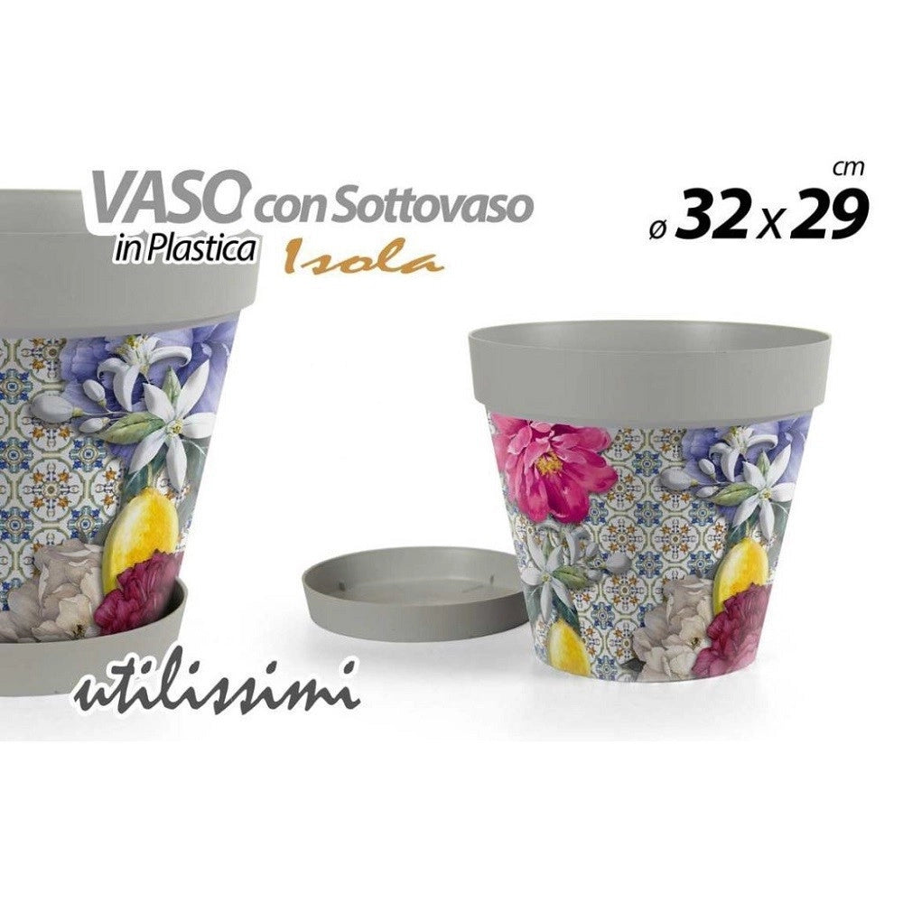 Trade Shop - Vaso Giardino Con Sottovaso In Plastica Decoro Isola 32x29cm Piante Fiori 845383 -