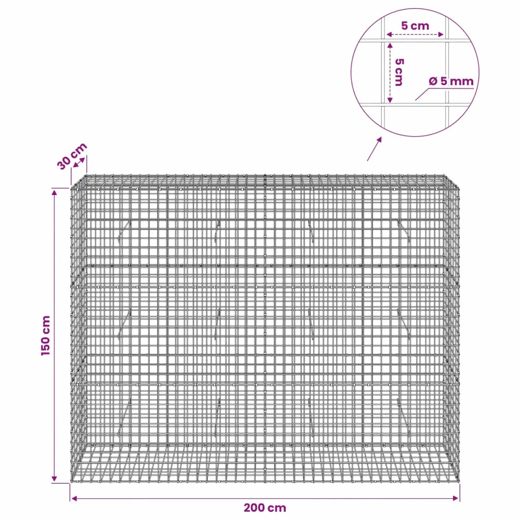 Gabione con filo da 5 mm e rete da 5x5 cm 200x30x150 cm 3464182