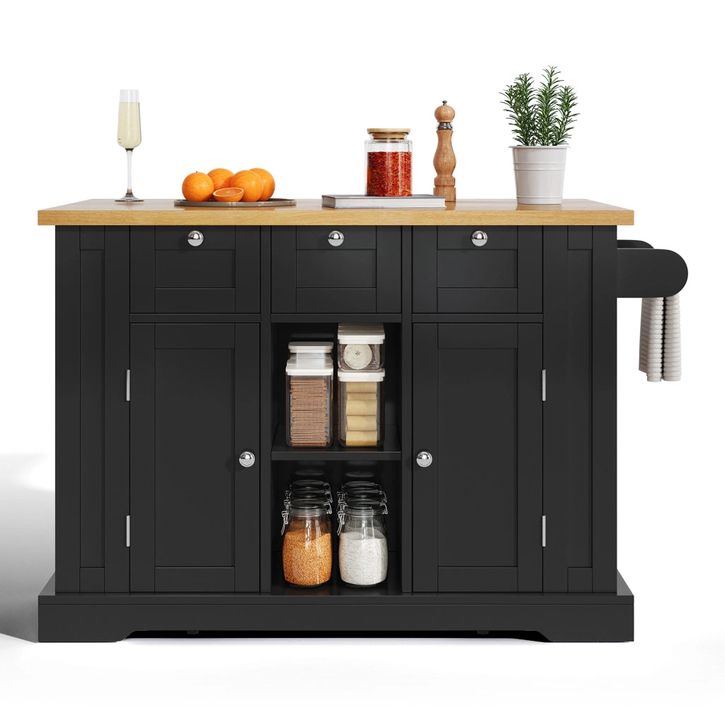 Isola da Cucina Mobile 132x40/70x87 cm Nero e Legno con Piano Ribaltabile; 3 Cassetti; Prese USB e Ruote
