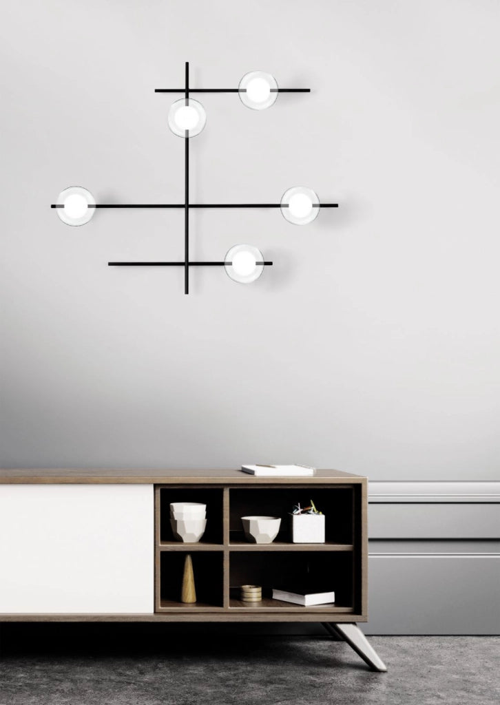 MIKADO LAMPADA DA PARETE O SOFFITTO CON ROTAZIONE 5 LUCI VETRO COSMO IN METALLO NERO D.12CM ATTACCO G9
