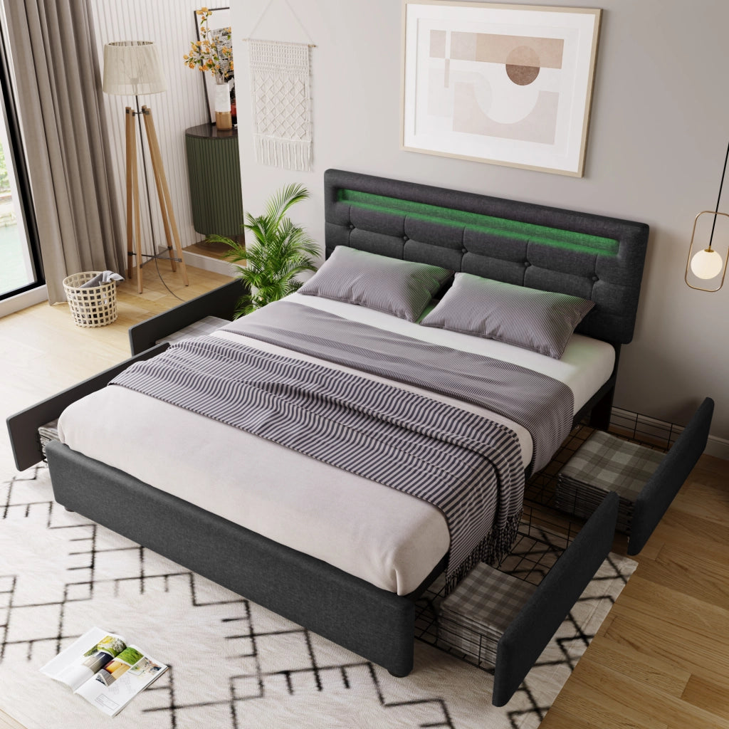 LETTO imbottito con LED e 4 cassetti 140x200 cm grigio