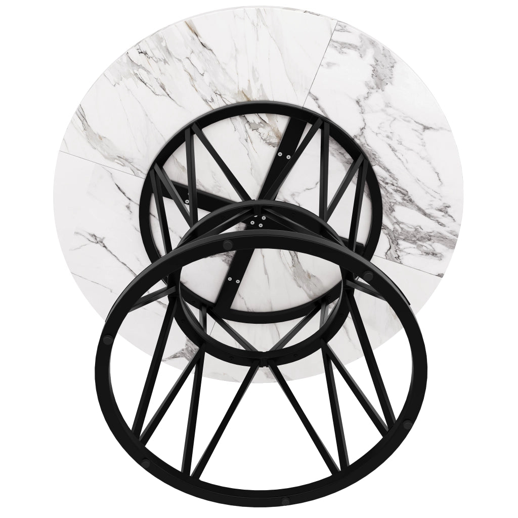 Tavolo da pranzo rotondo con piano in MDF effetto marmo e base in metallo, nero, 100 × 100 × 76 cm