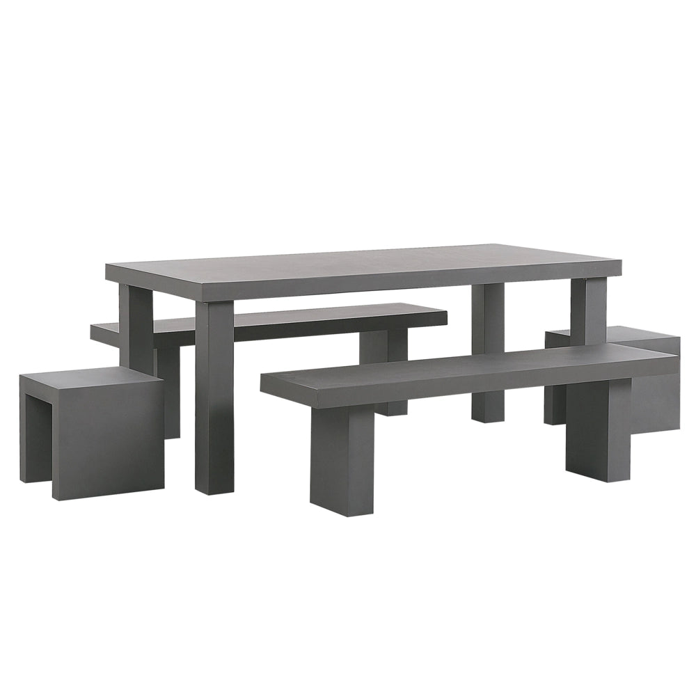 Set da pranzo da giardino Tavolo rettangolare in cemento grigio 2 panche 2 sgabelli 6 posti resistente all'acqua