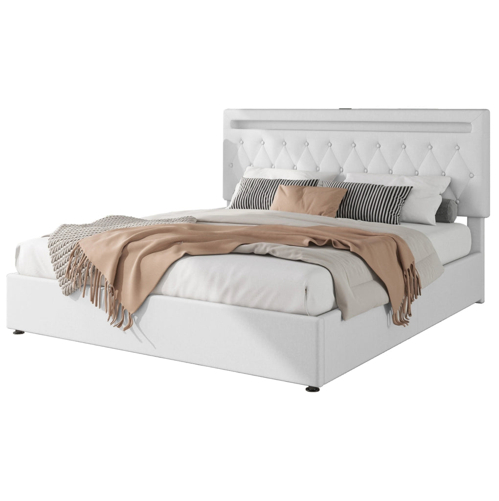 Letto imbottito 180x200 cm con contenitore; sollevamento idraulico; LED e USB; bianco