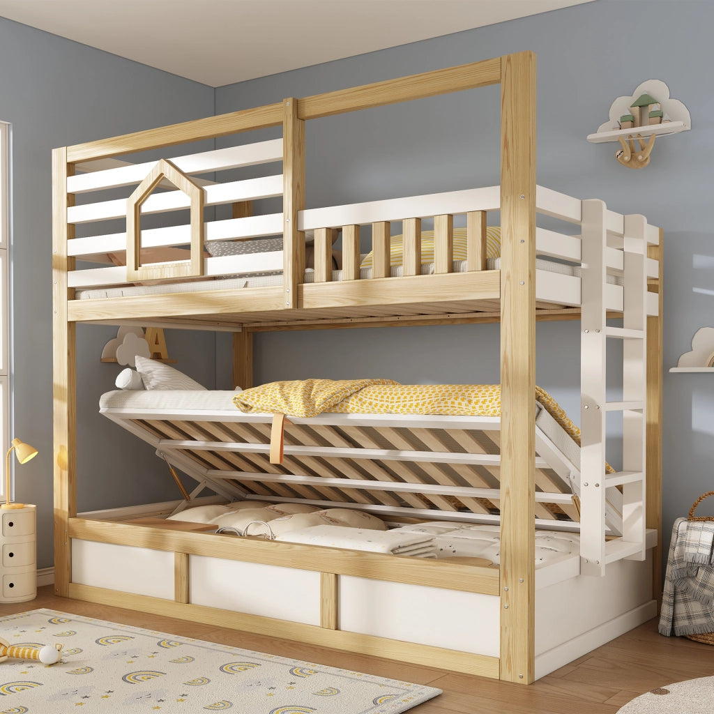 Letto a castello idraulico di 90x200 cm realizzato in rovere e legno bianco