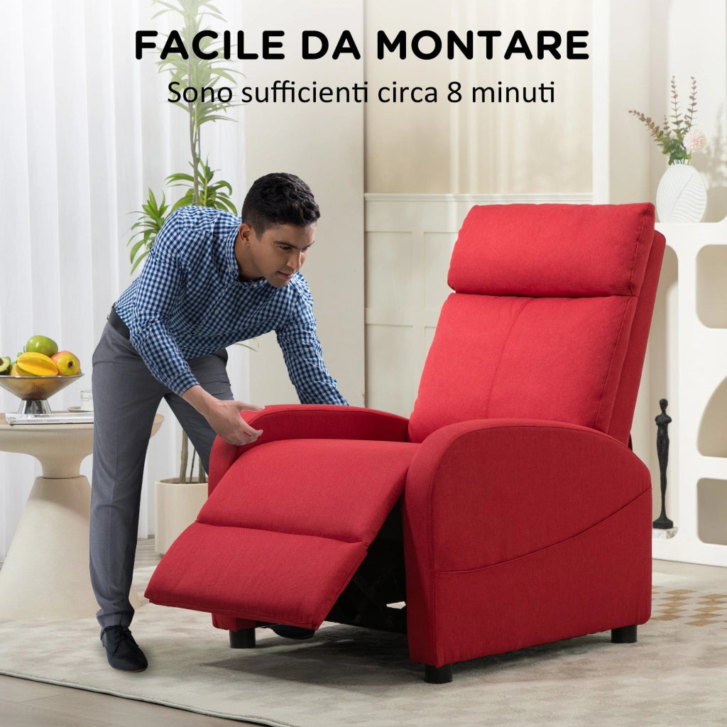 Poltrona Relax Reclinabile con Poggiapiedi in Tessuto Effetto Lino Rosso