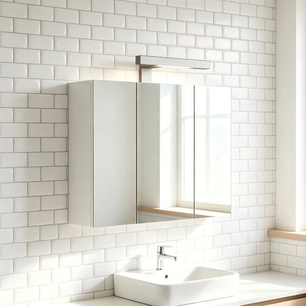 Mobile con specchio con 3 ante, LED e presa - per bagno - 67×22×79 cm - bianco