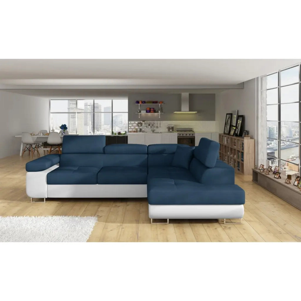 Divano angolare trasformabile MENTON blu scuro e bianco bouclé - Angolo destro con contenitore