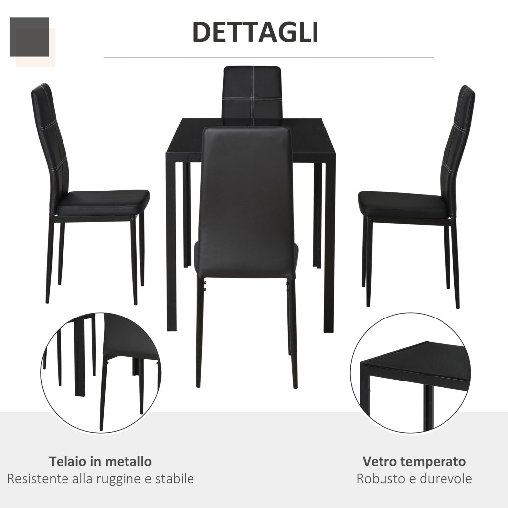 EasyComfort Set 5 Pezzi con 1 Tavolo e 4 Sedie per Cucina o Sala da Pranzo in Finta Pelle, Metallo e Vetro Temperato, Nero