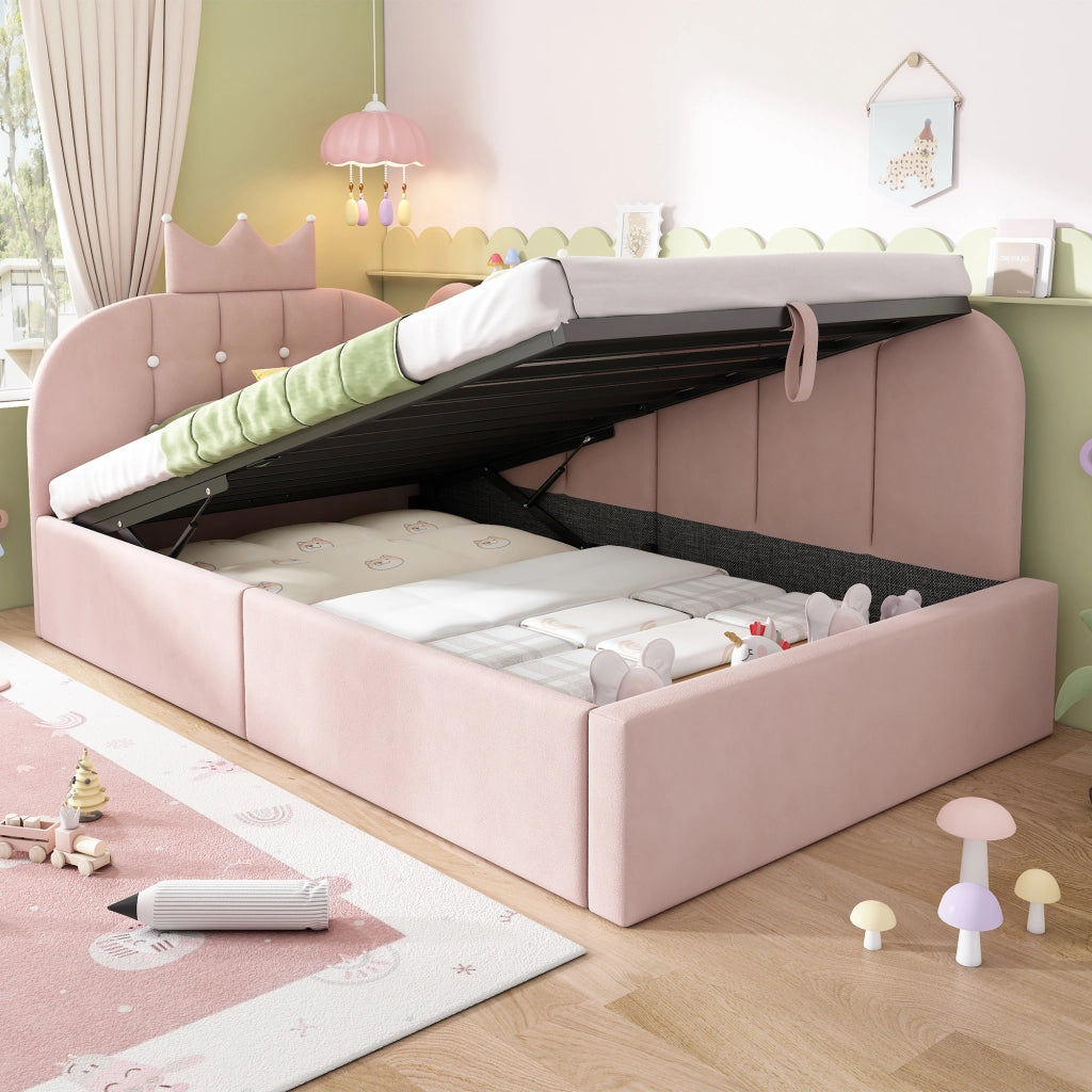 Letto contenitore per bambini 90 × 200 cm con sollevamento idraulico, senza materasso, in velluto rosa